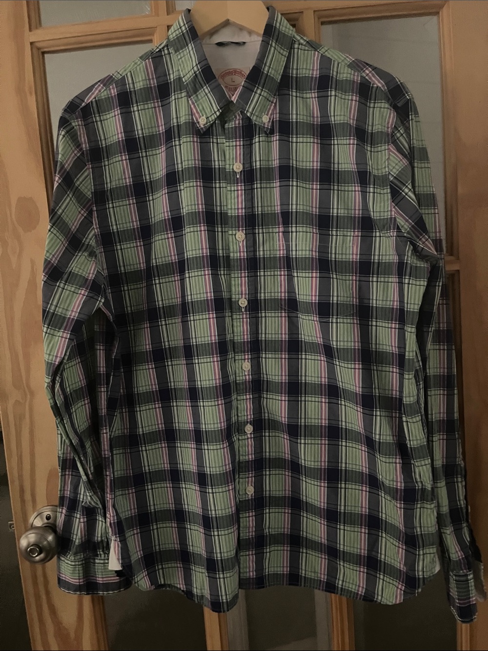 Brooks Brothers preppy summer pastel plaid cotton Button Down casual shirt Large